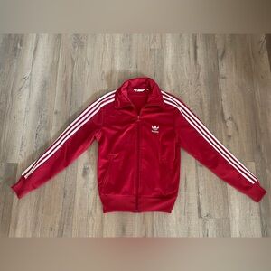 womens red adidas track suit jacket crewneck zip up